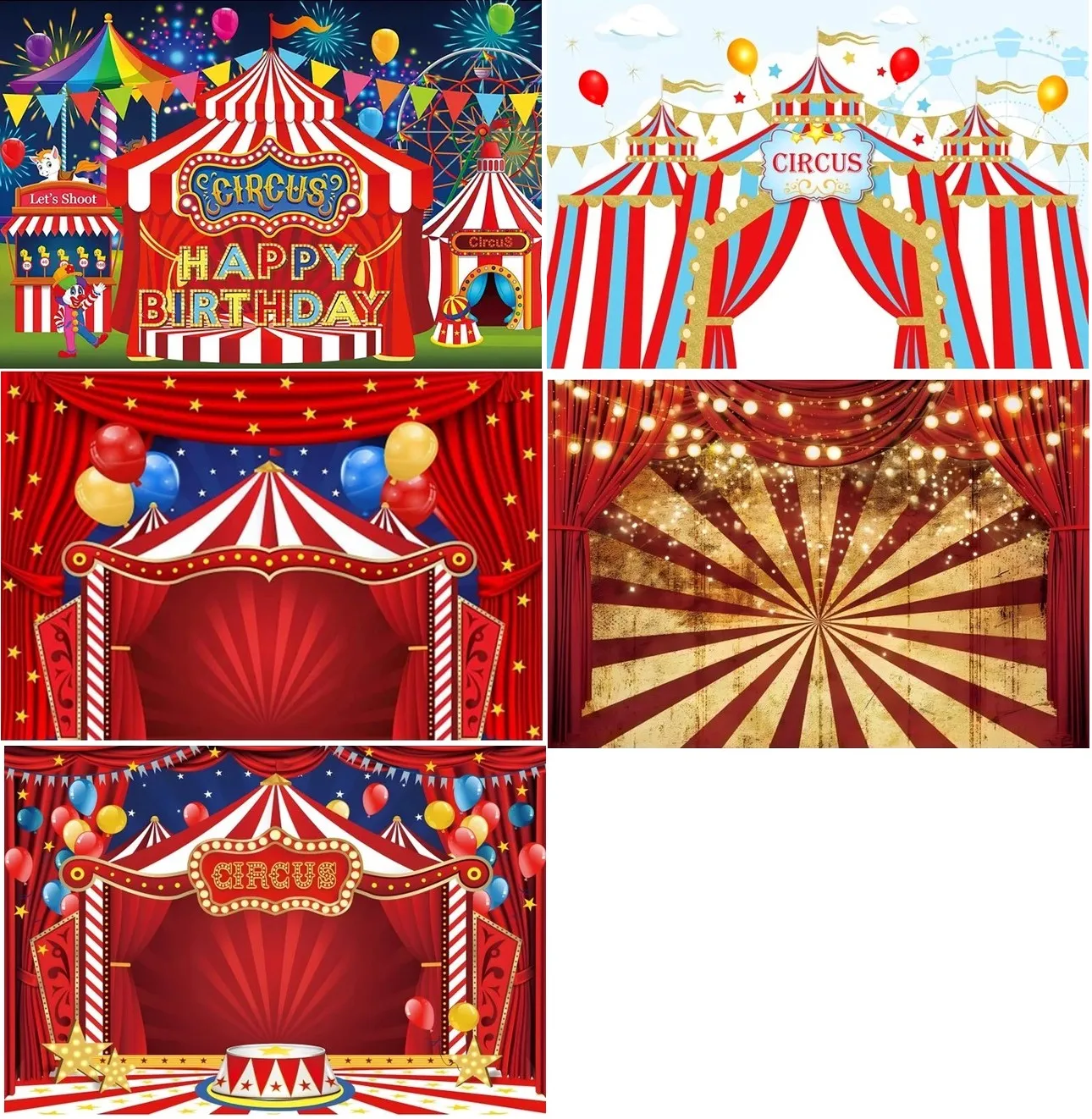 Circus Striped Balloon Ferris Wheel Carnival Light Tent Neonato Compleanno Fondale In Poliestere Sfondo Per Feste
