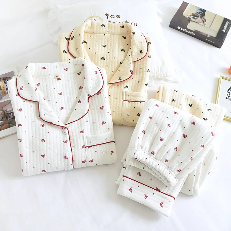 New Autumn And Winter Ladies Thick Pajamas Two-Piece Long-Sleeved Trousers Air Cotton Layer Love Cute Warm Home Service Suit