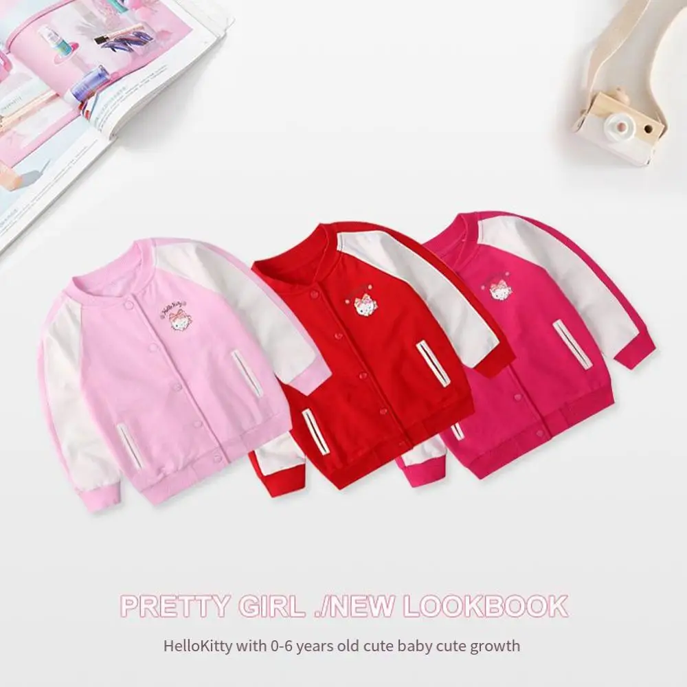 Sanrio Hello Kitty Girls Baseball Uniform Cardigan Jacket Cartoon Anime Kawaii Allentato Casual Primavera Autunno Abbigliamento Per Bambini