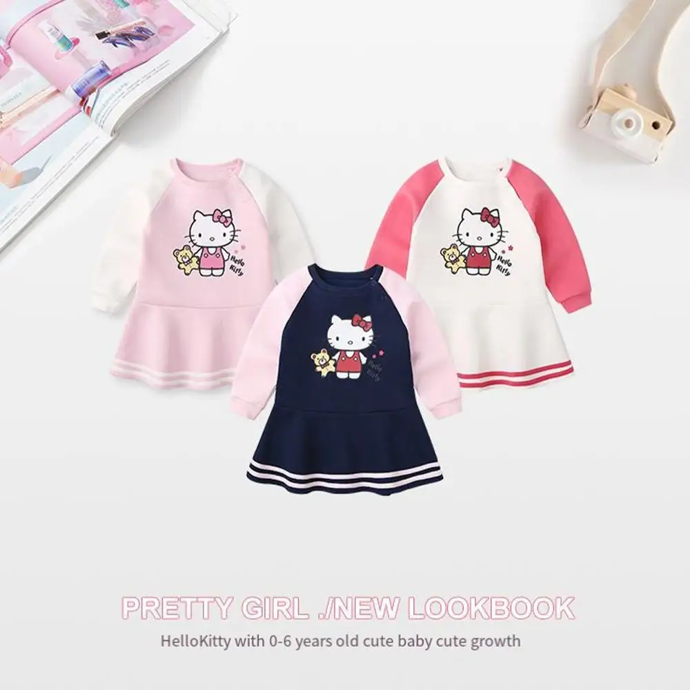 Kawaii Sanrio Hello Kitty Girls Plus Velvet Dress Princess Dress Cartoon Anime Kids Felpa Autunno Inverno Abbigliamento Per Bambini