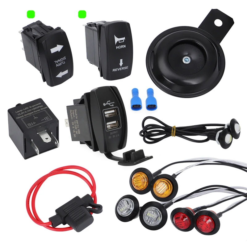 12 3.1A Rocker Switch Universal Turn Signal Horn And Reverse Light With Blue Backlight Dual Usb Power Supply Charger Port Socket