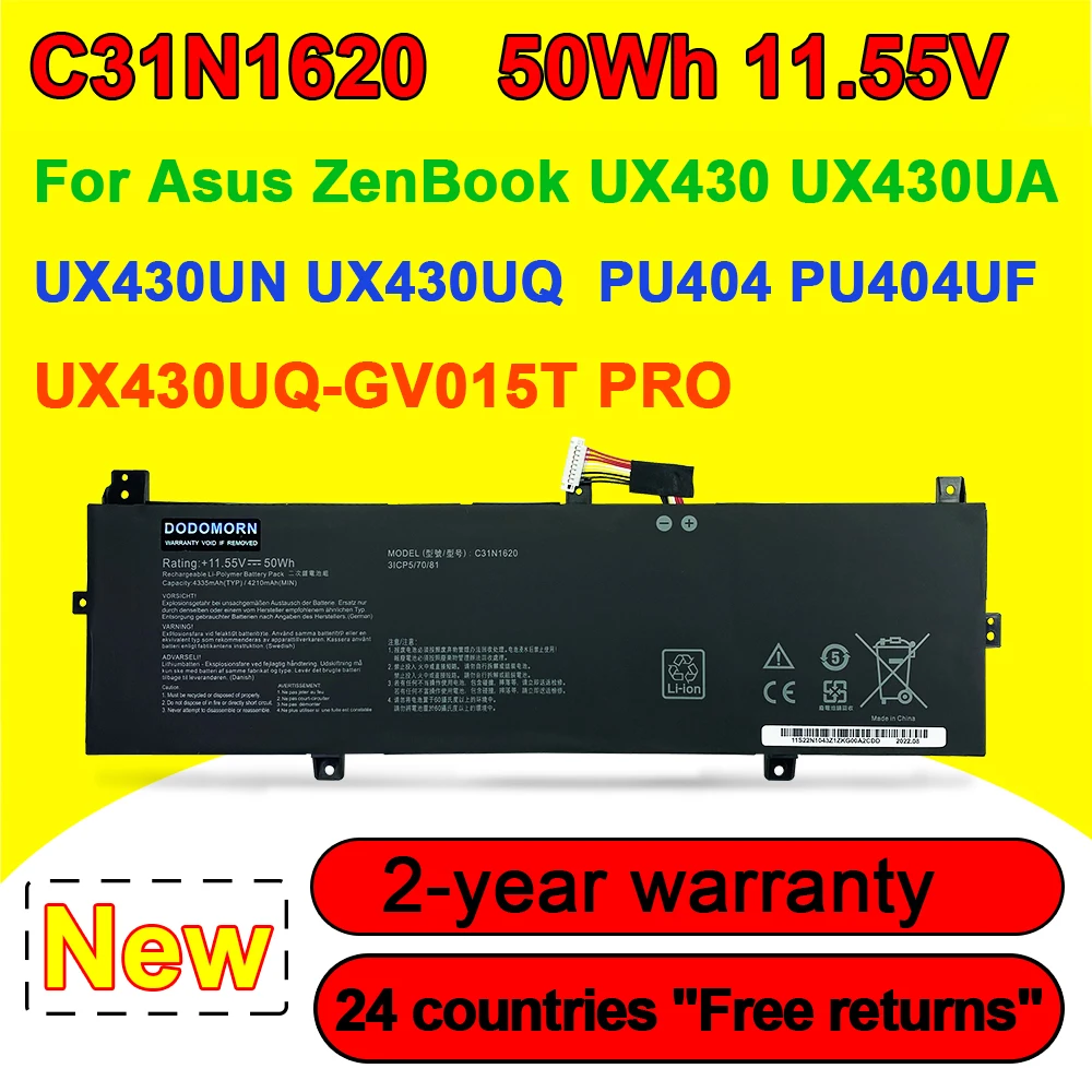 Batteria Per Laptop C31N1620 Per Asus Zenbook Ux430 Ux430Uq Ux430Uq-Gv015T Pro Pu404 Pu404Uf 11.55V 50Wh