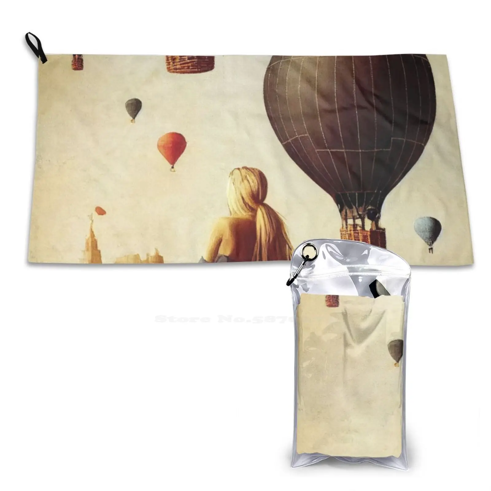 Mongolfiera Microfibra Asciugamano Ad Asciugatura Rapida Telo Mare Mongolfiera Palloncini Mongolfiera Volante Steampunk Ragazza Bionda Surreale
