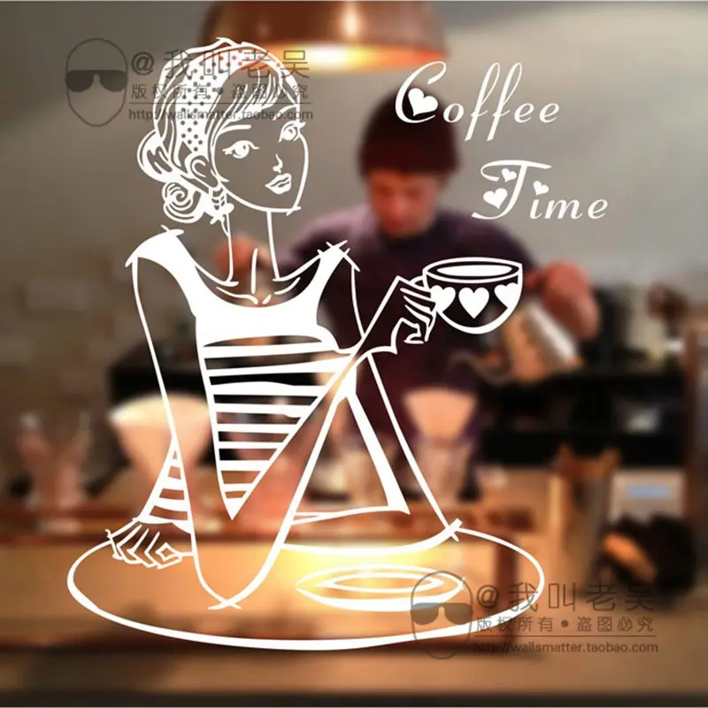 Coffee Shop Sticker Girl Milk Tea Decal Cafe Cup Poster Vinyl Art Wall Decor Decorazione Murale Pane Coffee Break Glass Decalcomanie