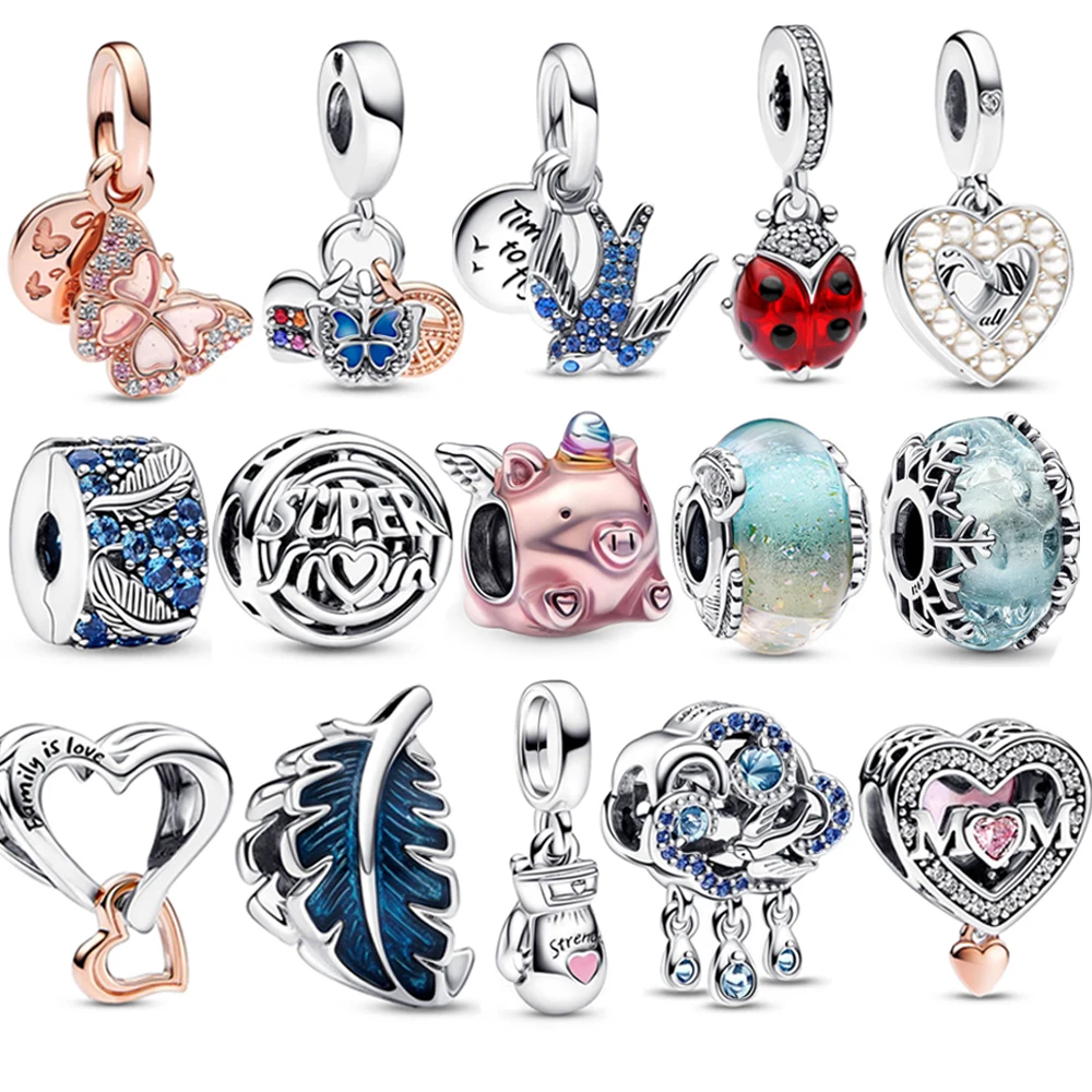 Nuovo 925 Sterling Silver Ladybird Murano Glass Bead Feather Pendant Butterfly & Swallow Charm Fit Pandora Bracciale Girl Jewelry