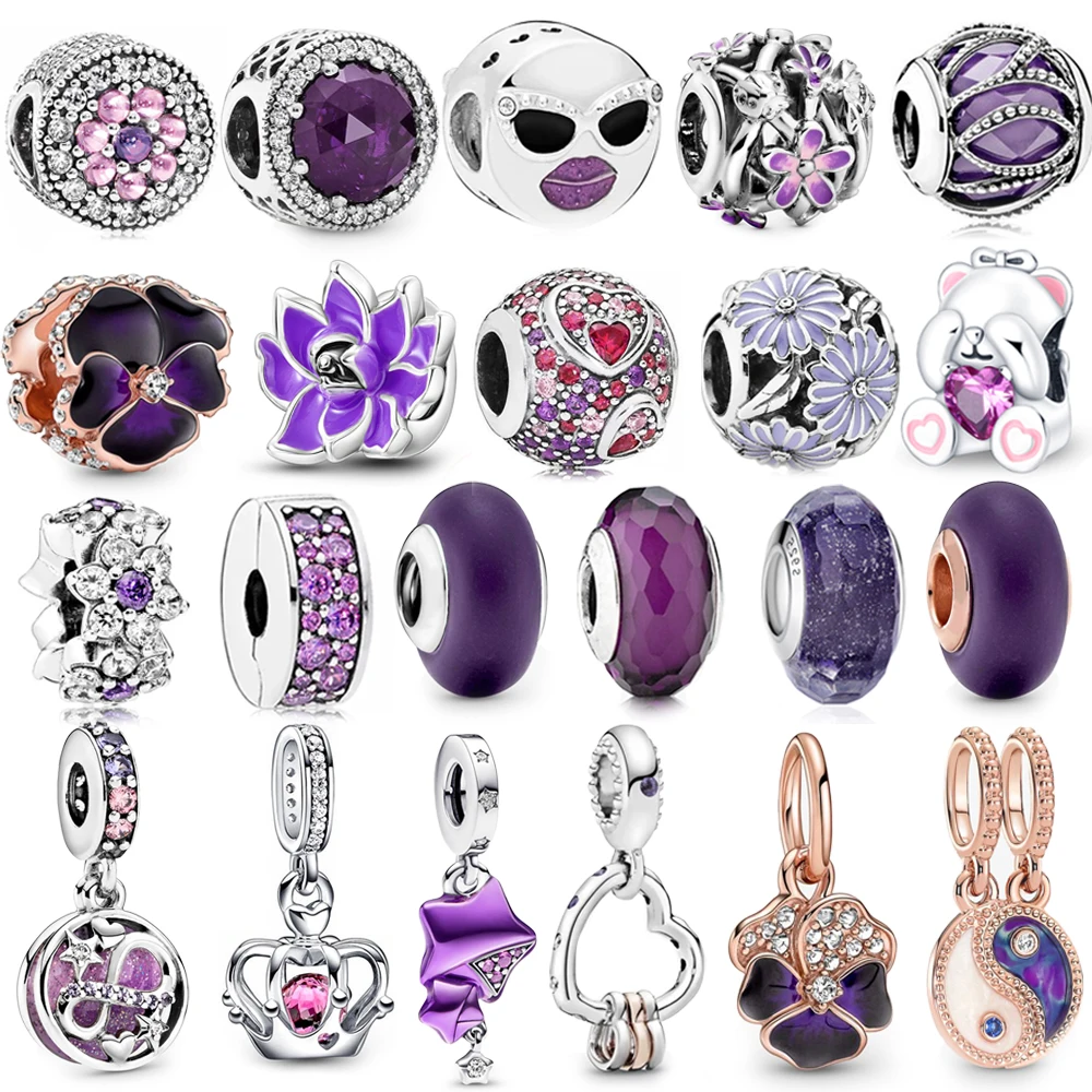 Purple Series 925 Sterling Silver Murano Glass Beads Star Pansy Flower Daisy Ciondola Charm Fit Pandora Bracciale Ragazza Gioielli Regalo
