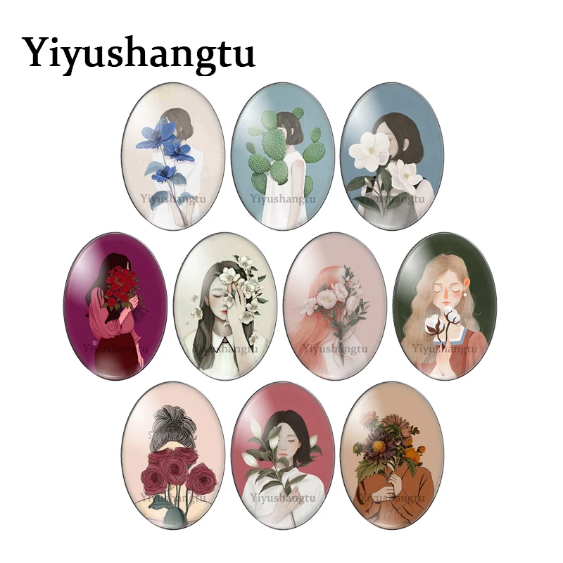 Beauty Girl With Flowers Art Images 10Pcs Misto 13X1 8Mm/18X2 5Mm/30X40Mm Foto Ovale Cabochon In Vetro Retro Piatto Risultati