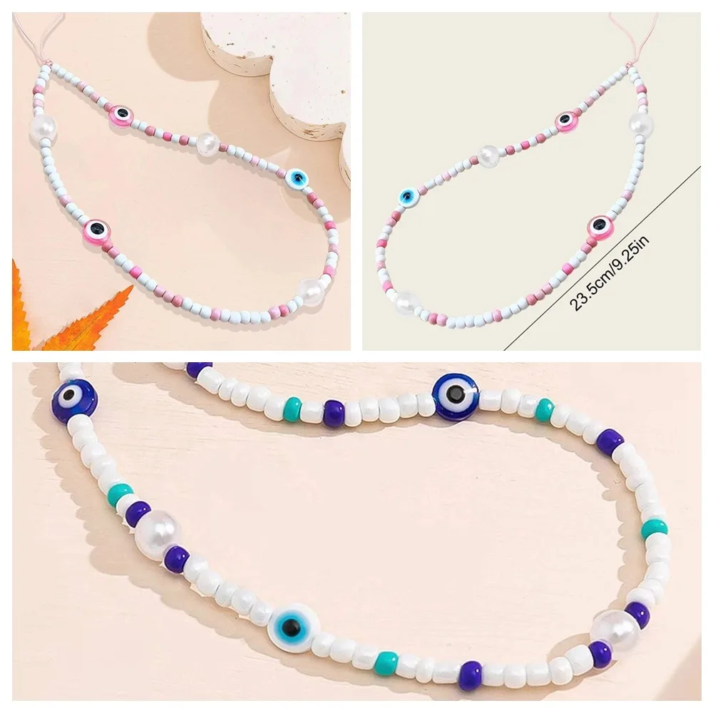 Devil Eye Blue Evil Eye Phone Chain Glass Rice Beads Pink Phone Lanyard Blue Vintage Fashion Cellulare Strap Girls Gift