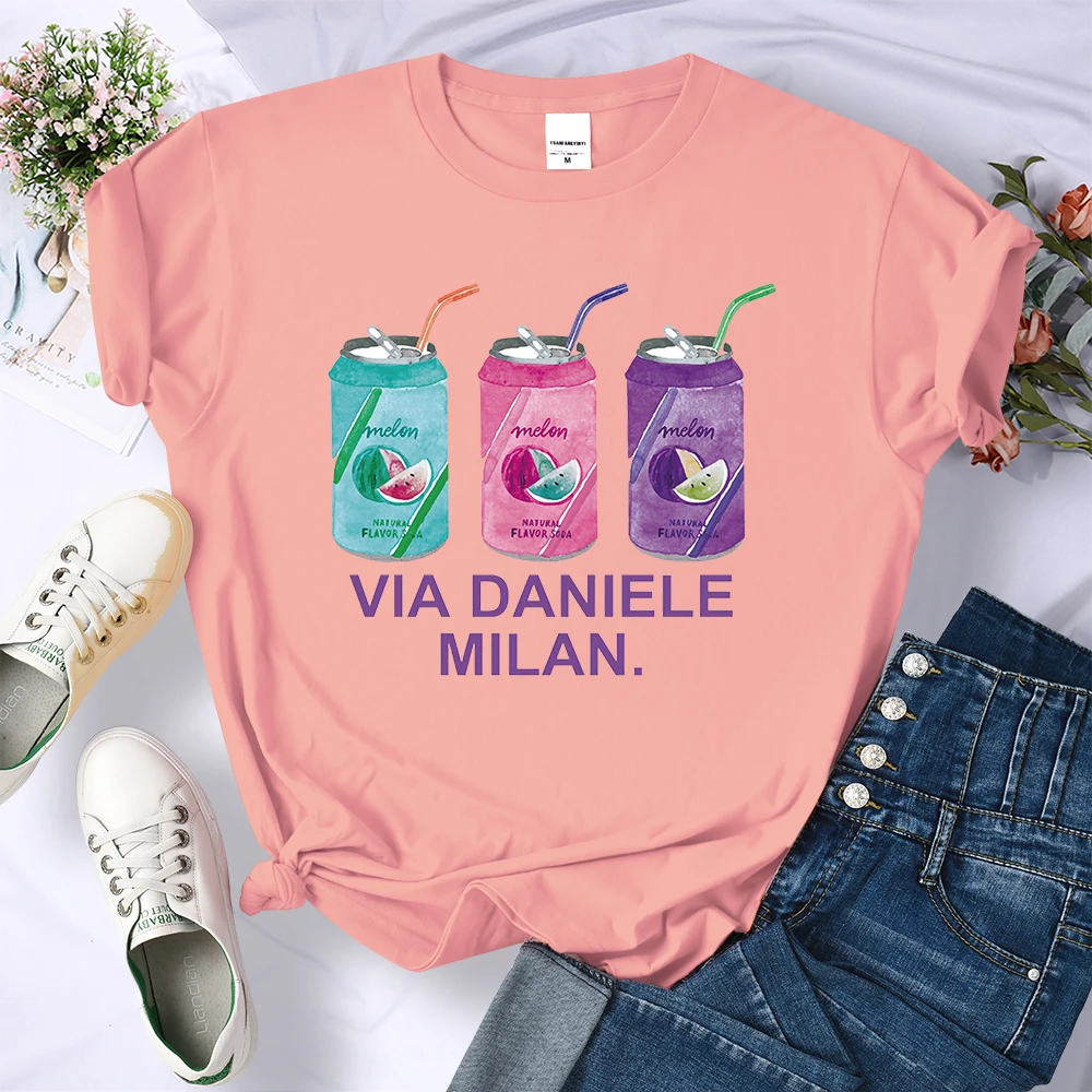 Via Daniele Milan Drinks T Shirt Donna Street Fashion T-Shirt Spalla Goccia Traspirante Top Hip Hop Casual Manica Corta Donna