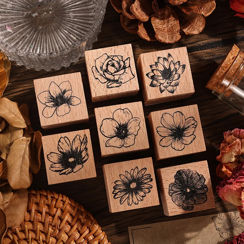 1 Pc Flower Unds Series Vintage Wooden Plant Flower Timbro Di Gomma Creativo Diy Journal Materiale Decor Cancelleria