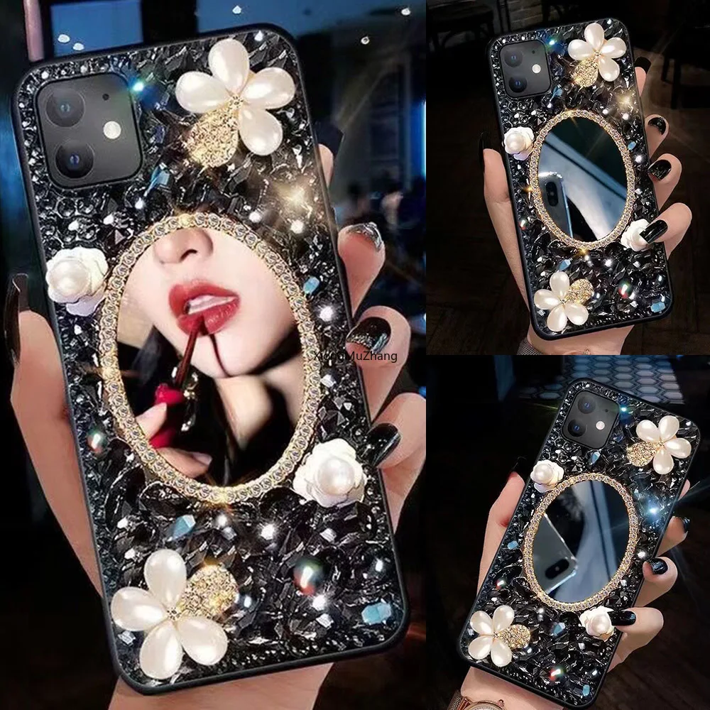 3D Makeup Mirror Black Diamond Gems Rhinestone Bling Capa Case For Samsung Galaxy Z Fold 2 Case For Galaxy Z Fold 3 F52 F62