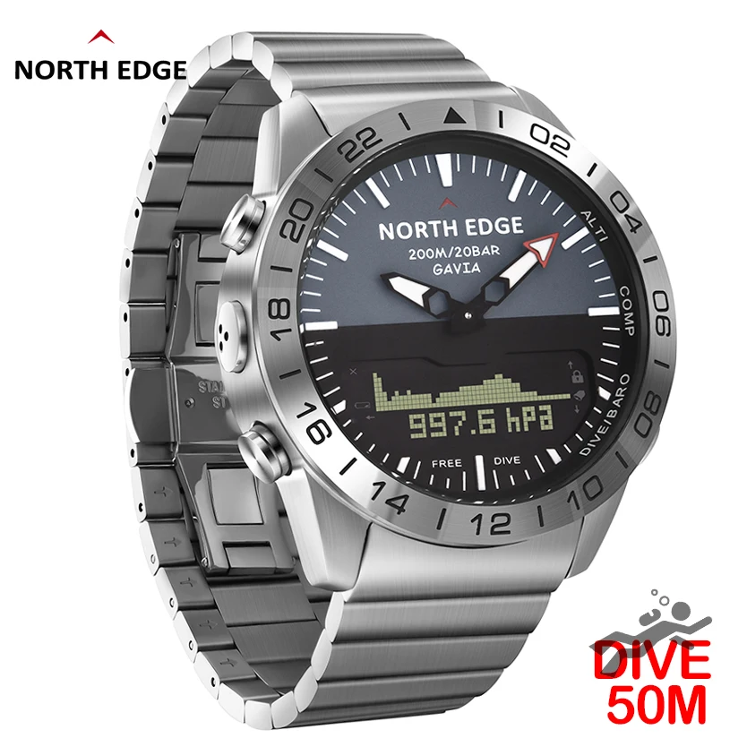 North Edge Mens Dive Watch Esercito Militare Luxury Full Steel Smartwatch Compass Altimetro Barometro Orologio Digitale Impermeabile 200M