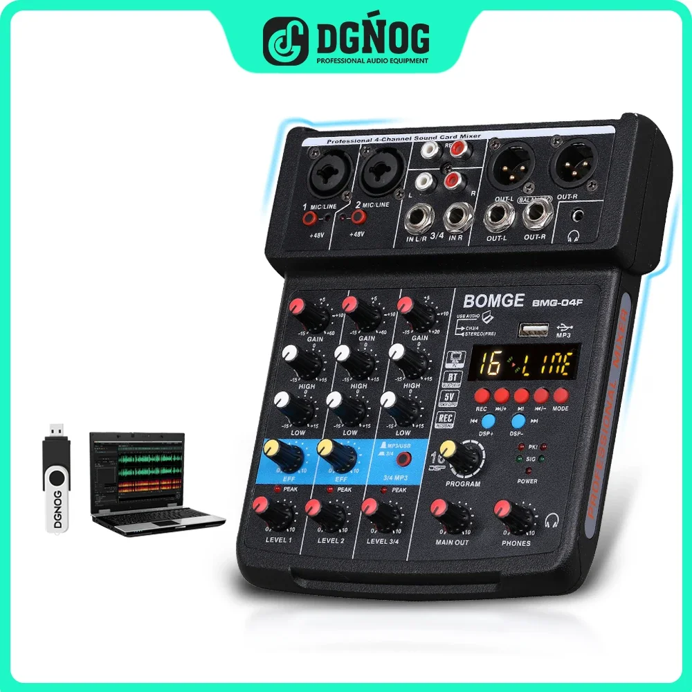Dgnog 4Ch Sound Mixer Dj Mixing Console Con 24 Echo Dsp Bluetooth 48V Phantom Power Monitor Sistema Karaoke 5V Usb Mixer Audio