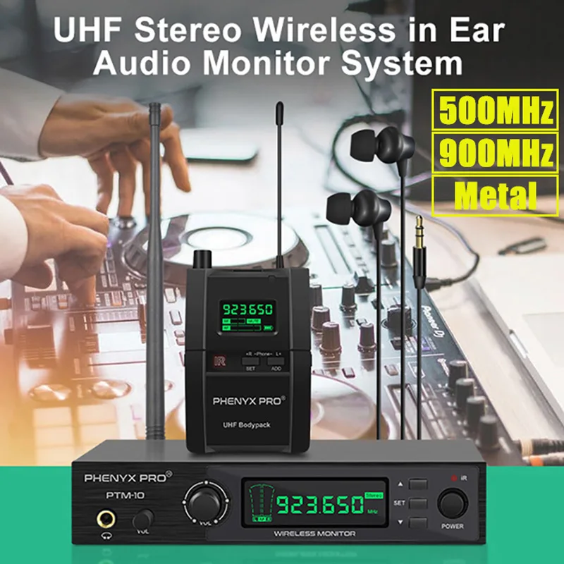 Phenyx Pro In Ear Monitor Sistema Wireless Trasmettitore Audio Stereo Uhf E Ricevitore Bodypack 900Mhz/500Mhz Metallo Ptm-10