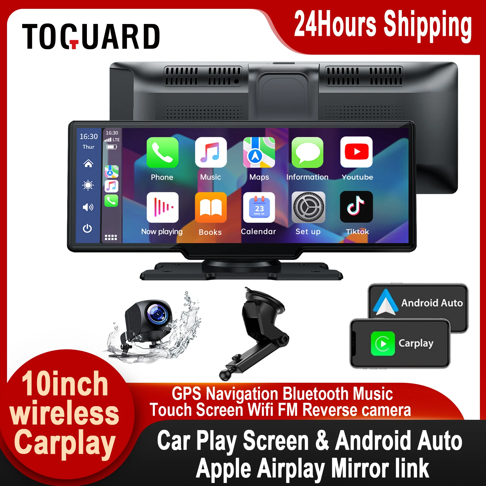 Toguard Wireless Car Screen Android Auto Car Monitor Stereo Bluetooth Music Display Touch Screen Da 10 Pollici Gps Wifi Reverse Camera
