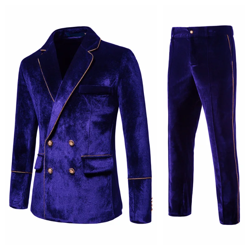 Blue Mens Gold Trim Tuxedo Velvet Suits 2Pcs Wedding Prom Banquet Set Da Uomo Giacca Con Pantalone Per Giacca Da Spettacolo Teatrale