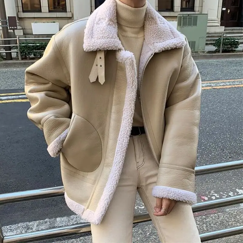 Korean Leather Coat Men'S Warm Fashion Casual Thicken Leather Jacket Men Loose Thick Lamb Wool Short Coat Mens Clothes M-Xl