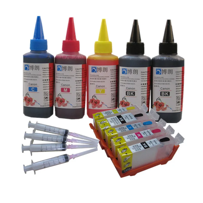 Per Canon Pixma Ip4870 Ip4970 Ix6560 Mg5170 Mg5270 Mg5370 Pgi-725 Cartuccia Di Inchiostro Ricaricabile + 5 Inchiostro Colorante 100Ml Ogni Bottiglia