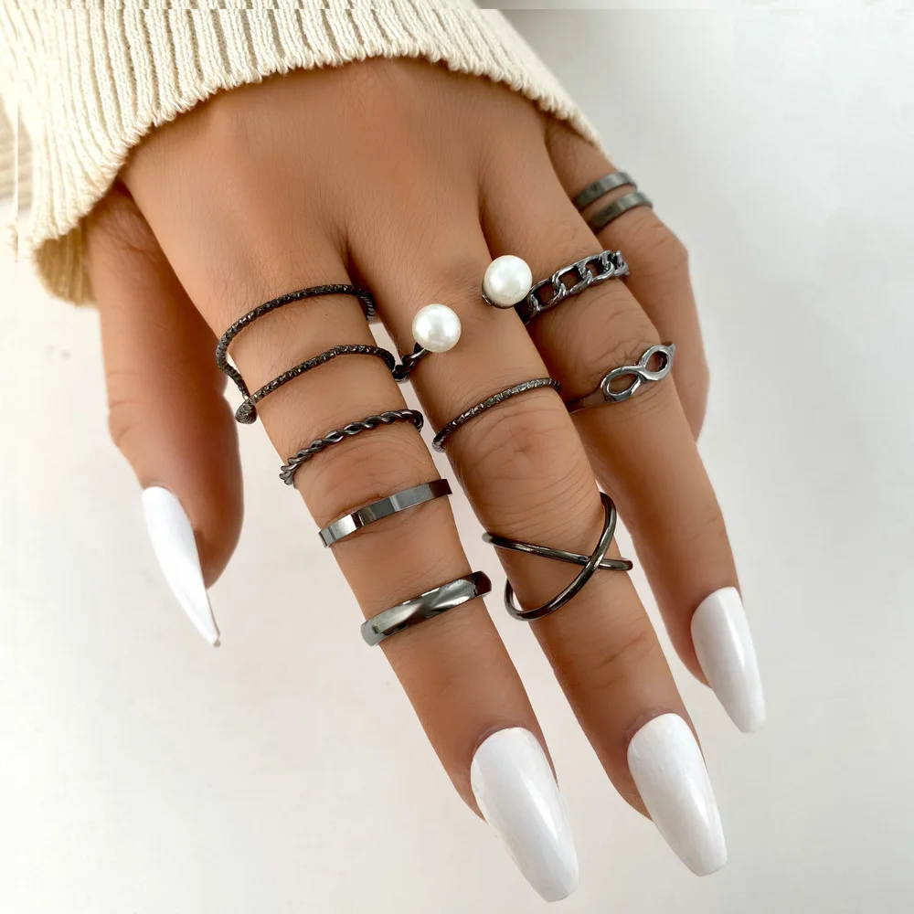 Anello Combinato Infinito A Strati Semplice Personalizzato Creativo 10 Pezzi Set Amazon Gun Black Joint Rings Per Le Donne All'Ingrosso
