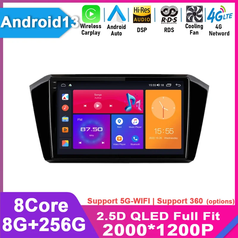 Per Vw Passat B8 2015 - 2020 Android 13 Autoradio Lettore Multimediale Autoradio Navigazione Gps Wireless Carplay Qled 4G