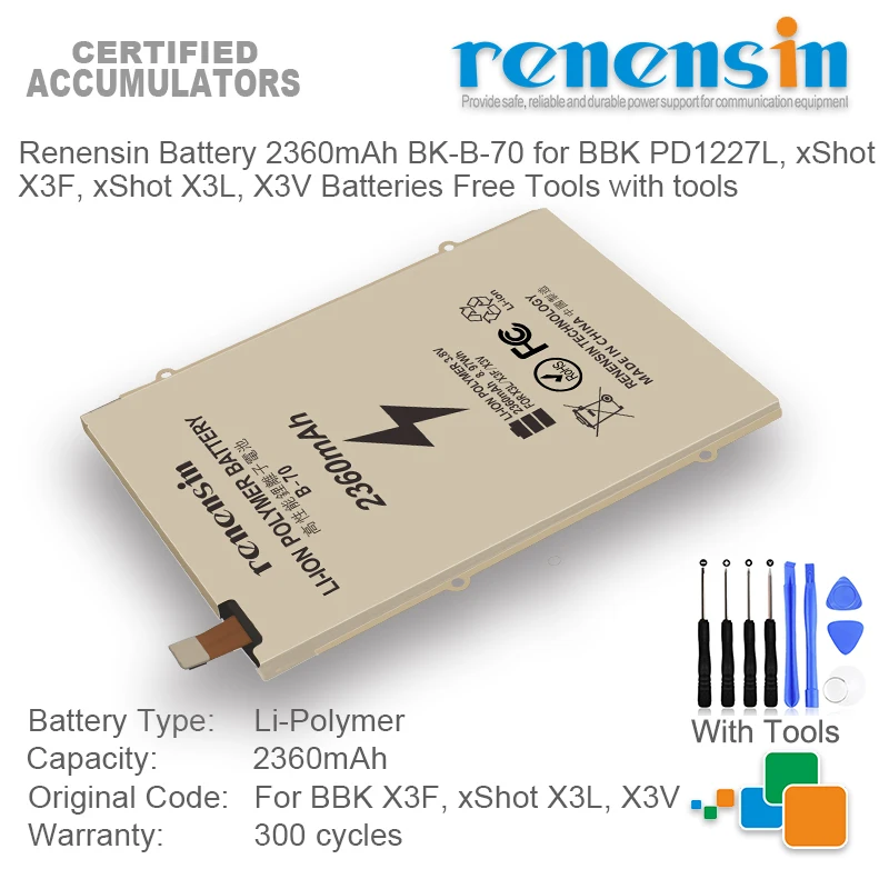 Renensin Batteria 2360Mah Bk-B-70 Per Bbk Pd1227L, Xshot X3F, Xshot X3L, X3V Batterie Strumenti Gratuiti Con Strumenti