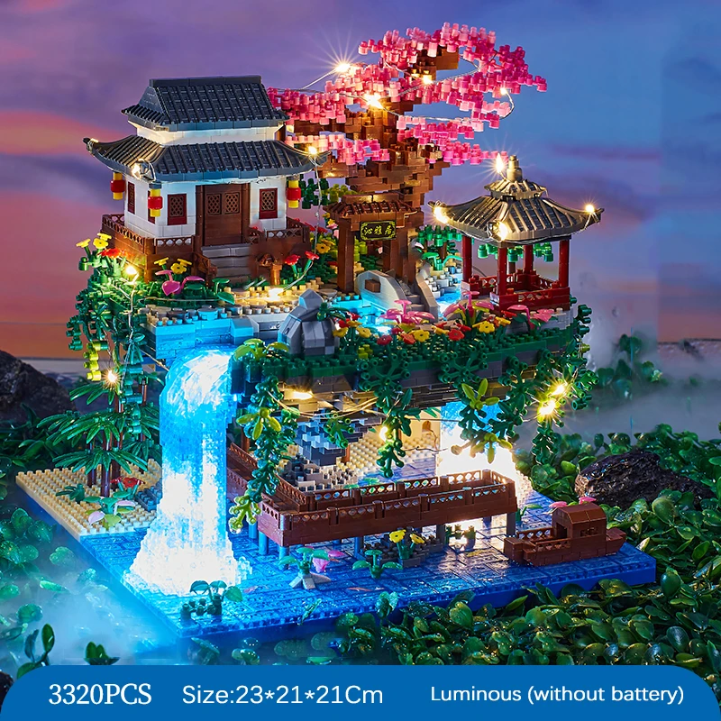 Peach Pond House 16260 Architecture Pavilion Building Blocks Waterfall River Led Light Mattoni Educativi Fai Da Te Regali Giocattolo Per Bambini