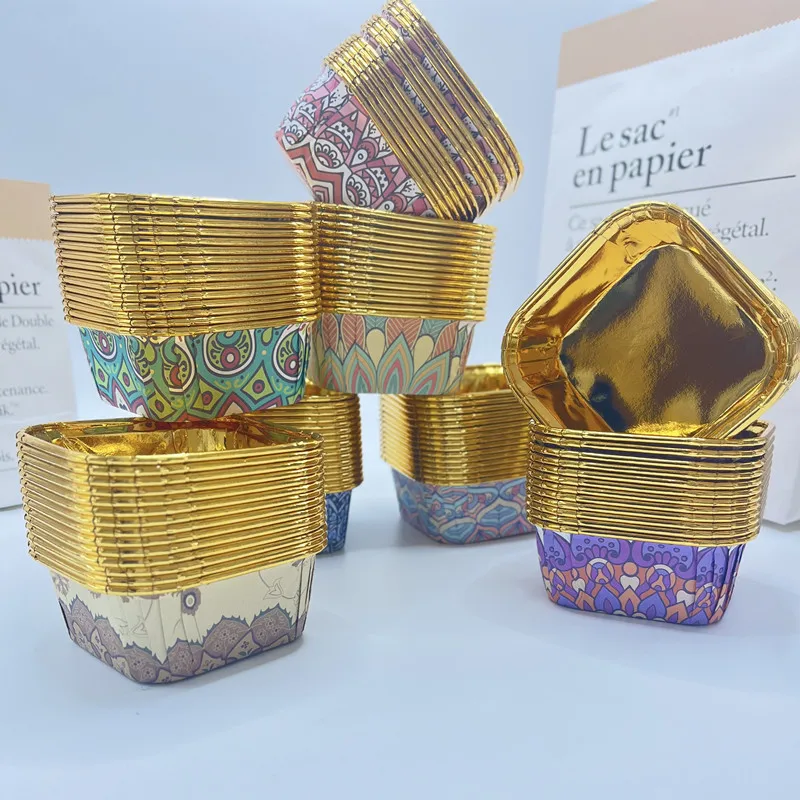 50 Pz Arabesque Panettone Cupcake Bicchiere Di Carta Per Eid Mubarak Party Cake Wrapper Case Golden Square Mandala Lotus Mousse Cake Mold