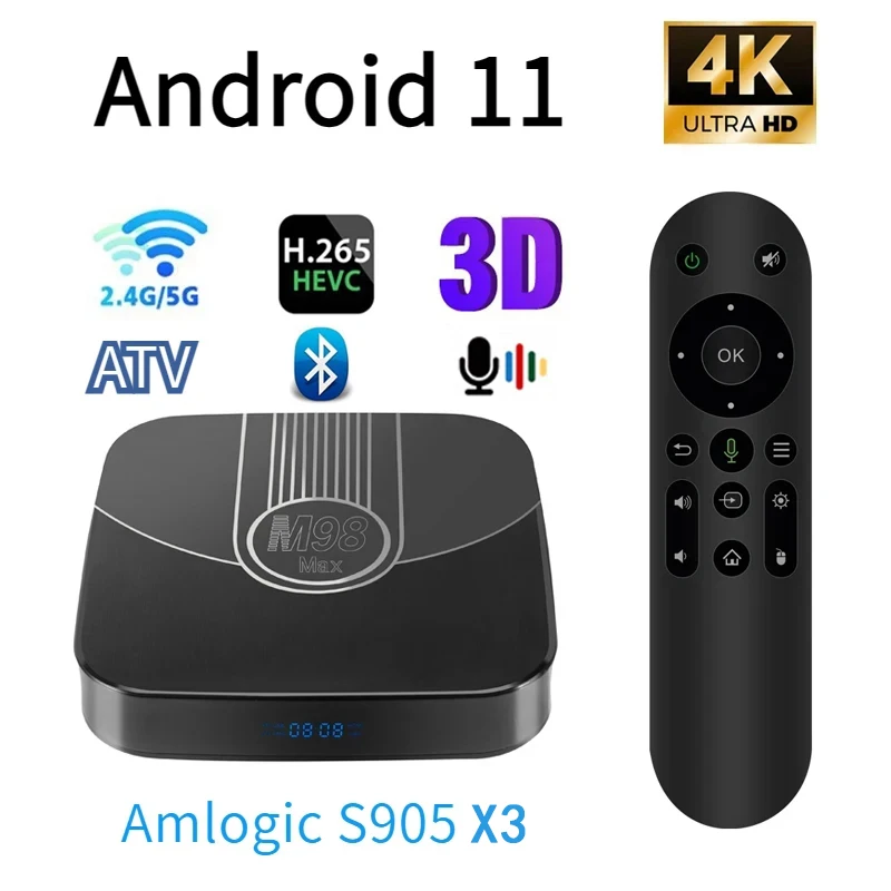 Android 11 M98 Max Smart Tv Box Amlogic S905X3 Supporta 4G 5G Dual Wi-Fi Bt 5.0 100M Lan Atv Tv Hd 4K 3D Tv Box Iptv