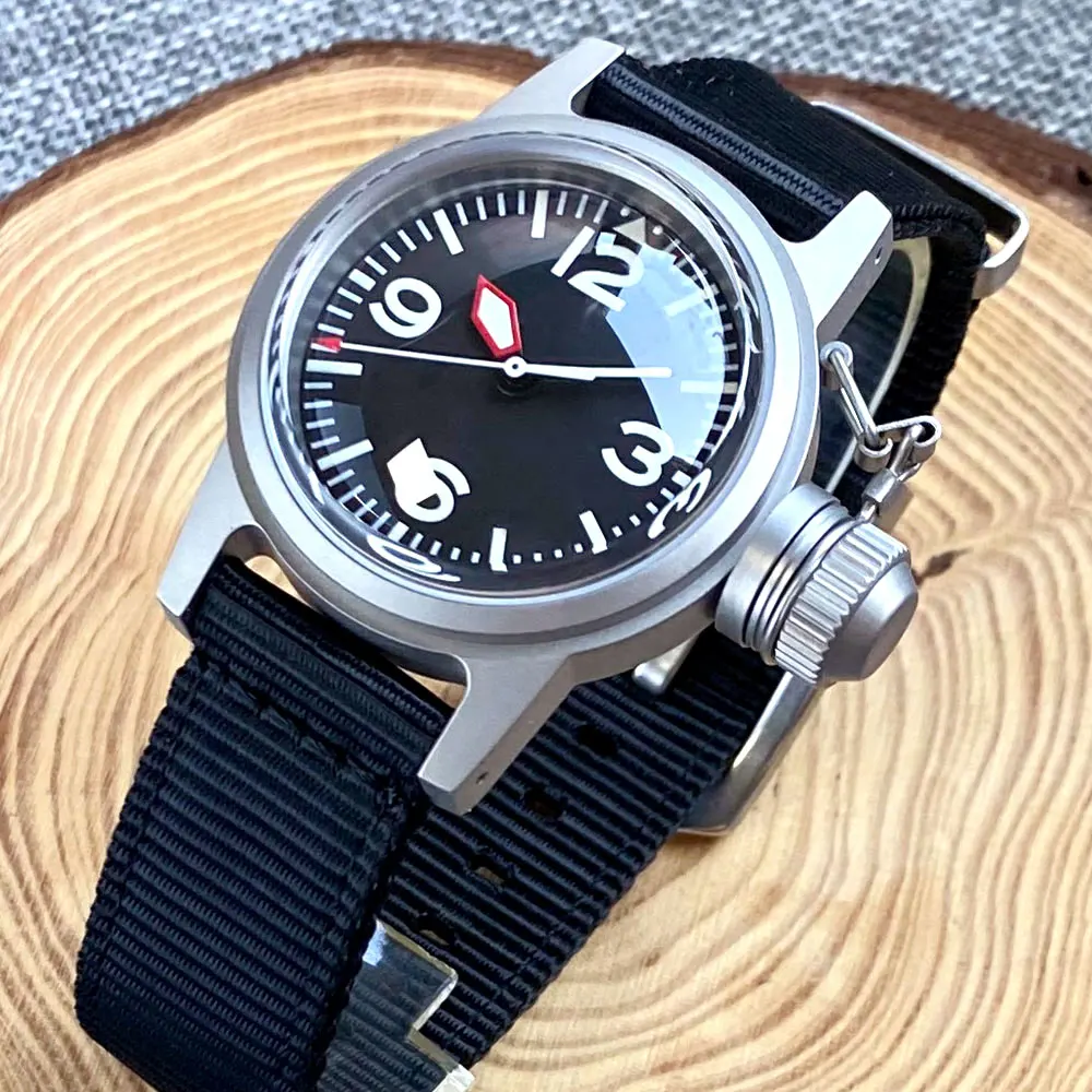 Tandorio Nh35 Frog Watch Orologio Da Polso Meccanico Da Uomo Big Crown Ar Domed Sapphire Glass Vintage Yellow Markers Dial Sandblast Case