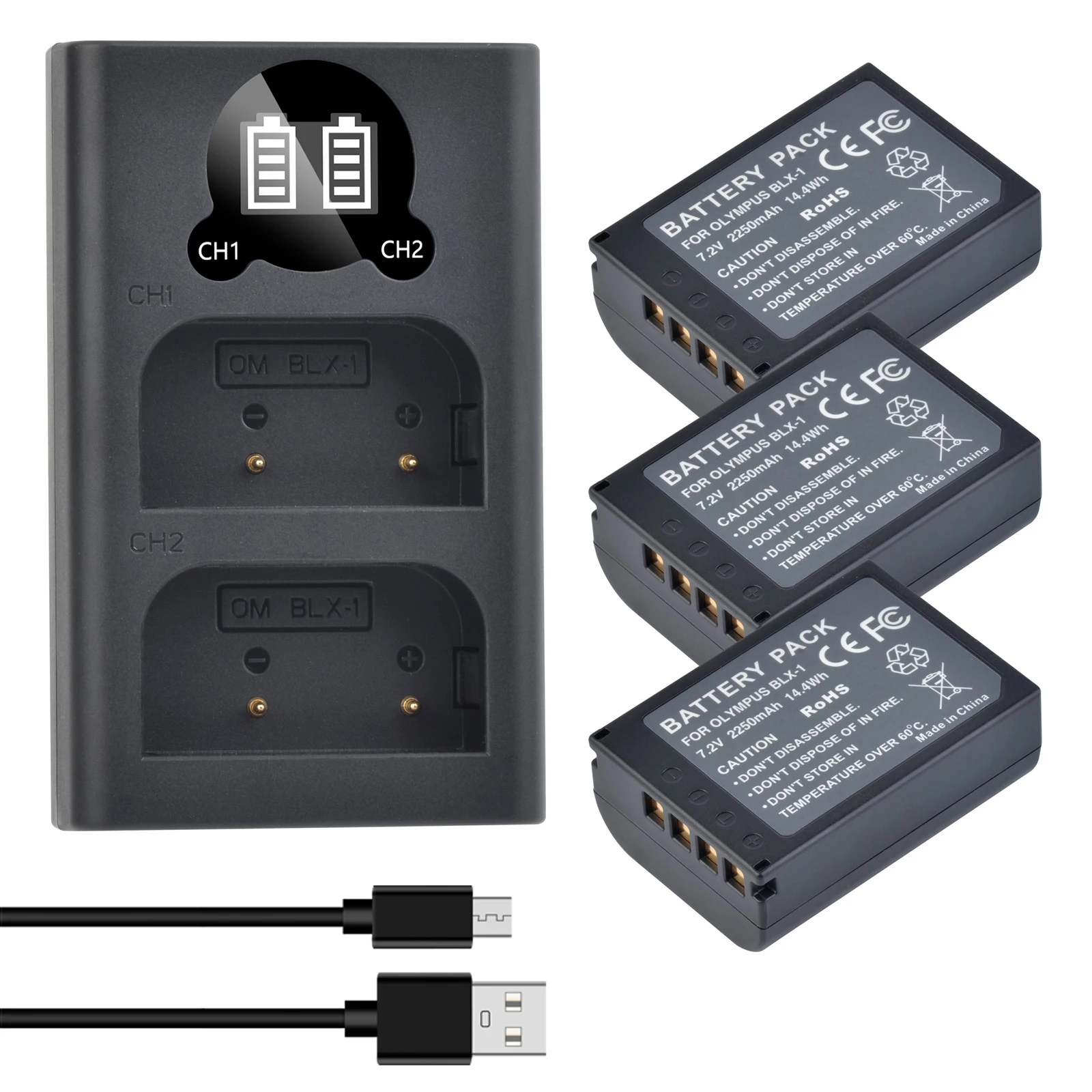 Per Batteria Fotocamera Olympus Blx-1 Blx1 + Doppio Caricatore Usb Led Con Porta Di Ricarica Di Tipo C Per Fotocamera Olympus Om-1 Om1 Dslr 2250Mah
