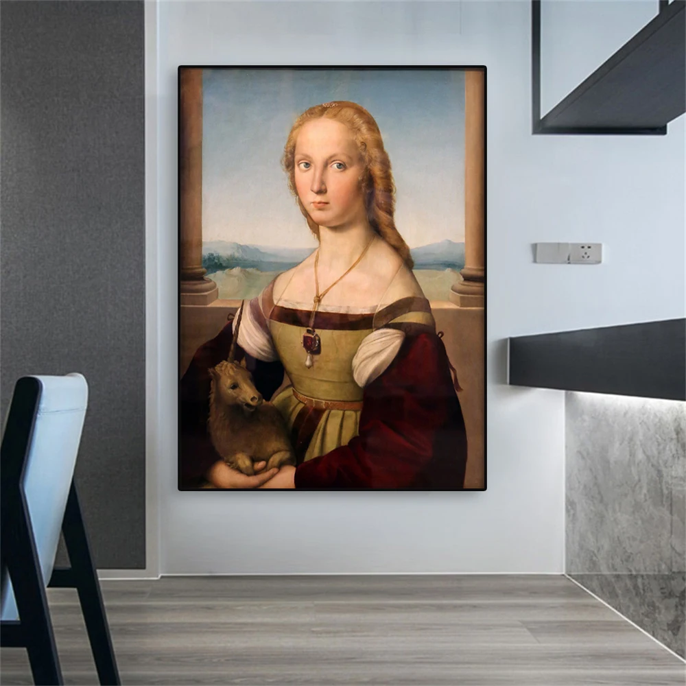 Pittura A Olio Classica Raffello Dama Con L'Unicorno Stampe Su Tela Pittura Galleria Decor Per La Casa Wall Art Immagini Pittura