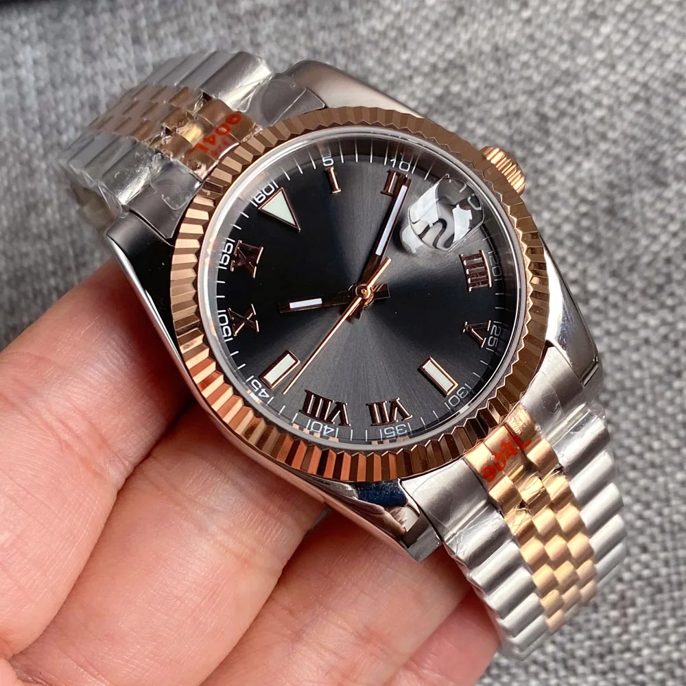 36Mm 39Mm Data Day Two Tone Silver Gold Automatic Wrstiwatch Men Numeri Romani Grey Sunburst Dial Slide Glide Lock Sapphire