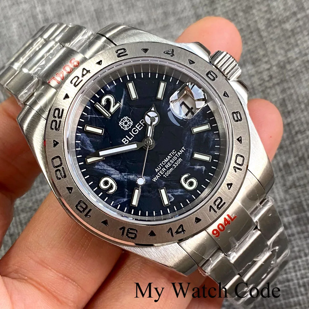 40Mm Bliger Dual Time Master Japan Nh35A Movt Orologio Automatico In Acciaio Per Uomo Lunetta In Metallo 904 Bracciale Glide Lock Relogios Clock