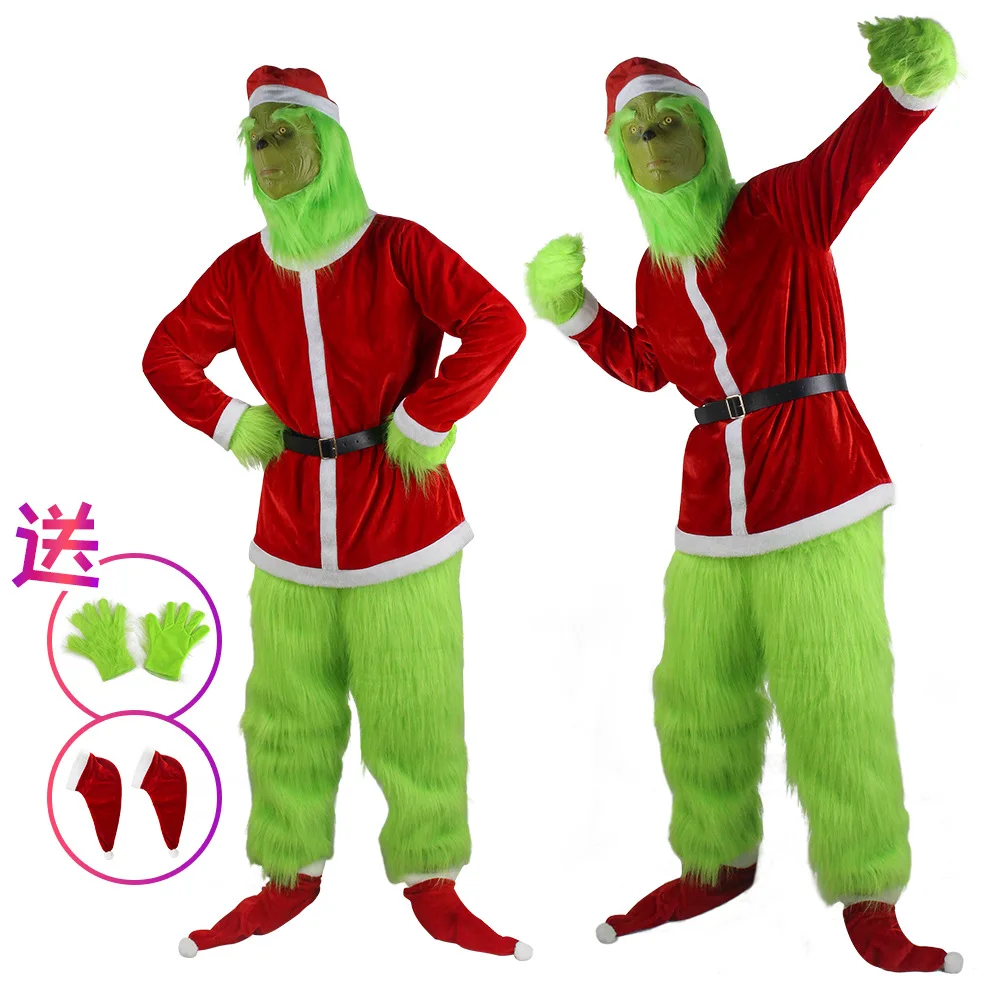 Costume Di Natale Per Uomo Adulto Verde Grande Mostro Santa Suit 7Pcs Deluxe Furry Halloween Cosplay Outfit Set Holiday