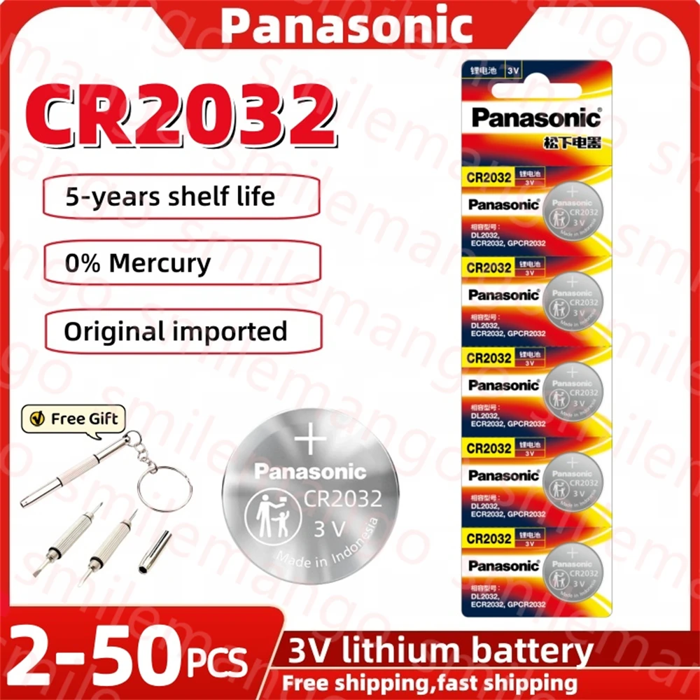 Batteria Al Litio Originale Panasonic 2-50Pcs Cr2032 3V Dl2032 Br2032 5004Lc 2032 Per Orologio, Giocattoli, Chiave Per Auto, Calcolatrice + Cacciavite