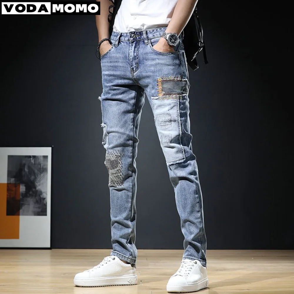 2023 Uomini Eleganti Jeans Strappati Pantaloni Slim Dritto Sfilacciato Denim Vestiti Uomo Nuova Moda Pantaloni Skinny Vestiti Pantalones Hombre