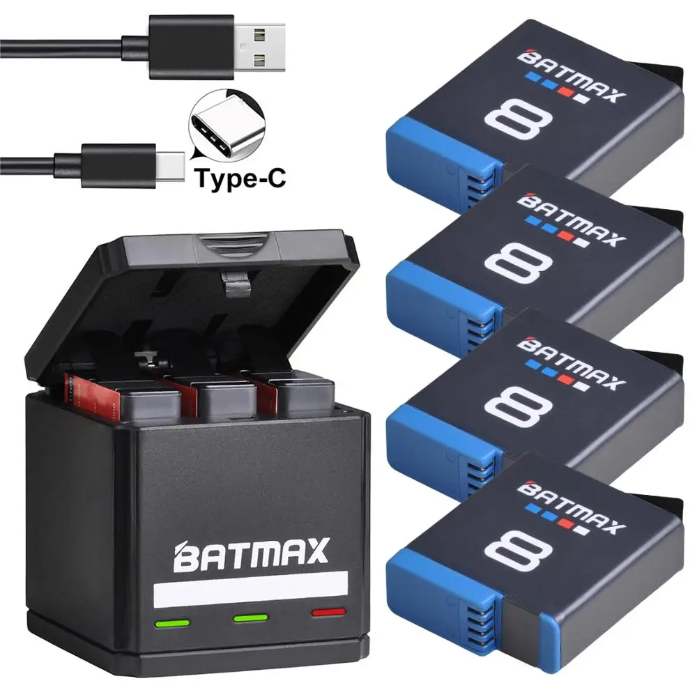 Batmax Per Gopro Hero 8 Batteria Agli Ioni Di Litio Black Hero 8 Black Gopro Hero 7 Cam Akku + Caricatore Triplo Usb Con Porta Di Tipo C