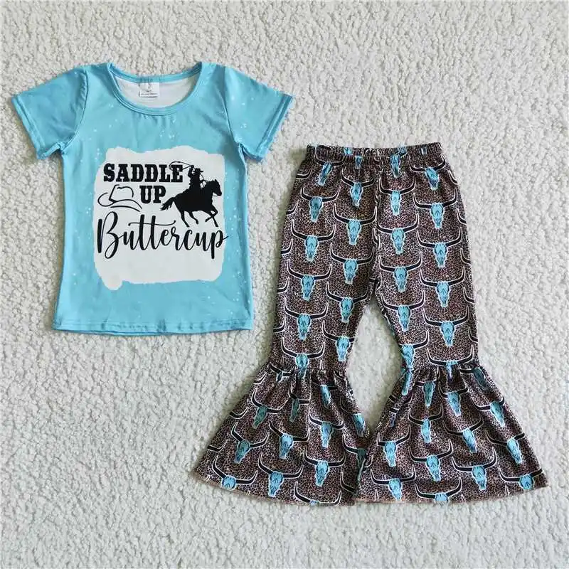 Abbigliamento Estivo Per Bambini Saddle Letter Riding Pattern Blue Manica Corta Bull Head Pantaloni Svasati Toddler Set