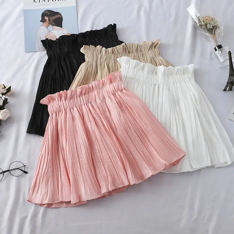 Korean Black Skirts Womens Summer Irregular Pleated Puffy Mini Skirt Female High Waist White Kawaii Bud Short Skirt