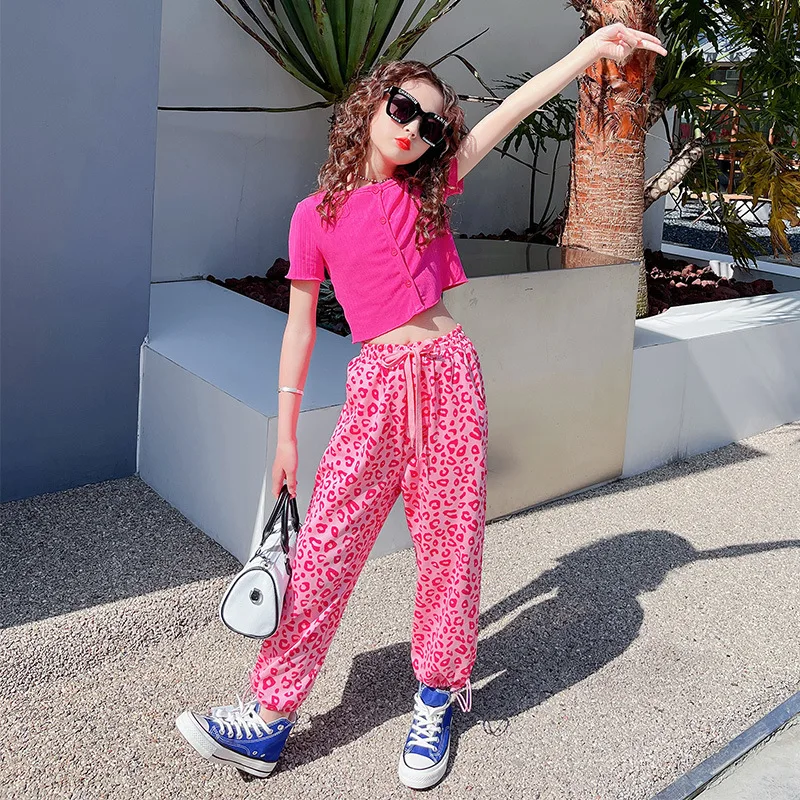 New Summer Grls Clothes Tshirt + Short Girl Clothes Leopard Outfit For Girls Casual Style Tute Per Bambini 6 8 10 12 14 Anni