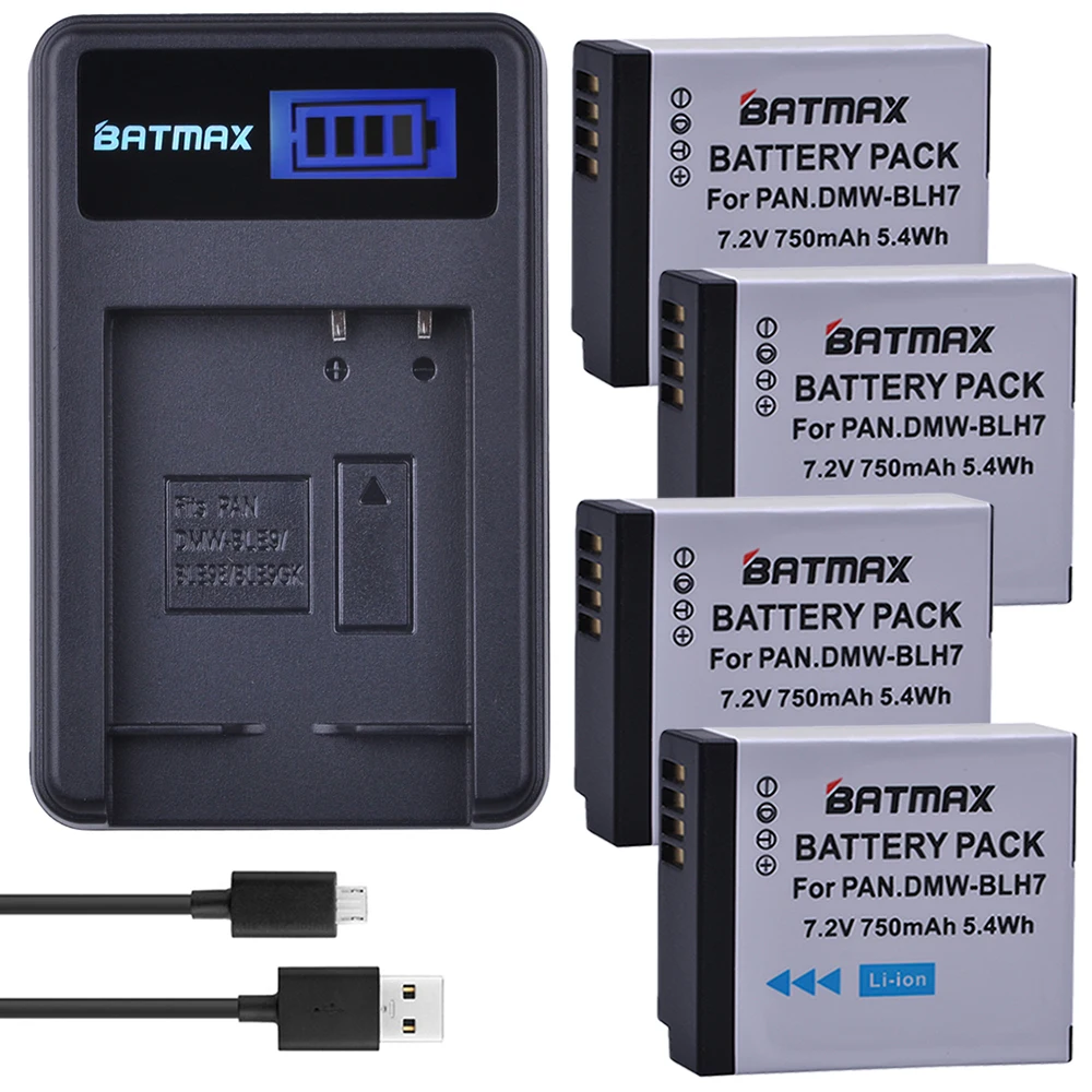 Batmax 4Pc Dmw-Blh7 Dmw-Blh7Pp Dmw-Blh7E Batteria + Usb Lcd Caricabatterie Per Panasonic Lumix Dmc-Dmc-Gm1 Gm1 Dmc-Gm5 Gm5 Dmc-Gf7 Gf7 Dmc-Gf8