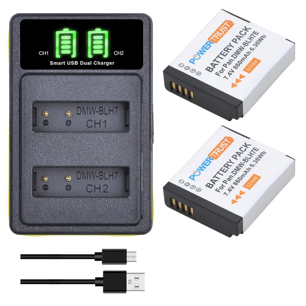 Powertrust Dmw-Blh7 Blh7E Blh7Pp Batteria + Led Caricatore Doppio Con Il Tipo C Porta Per Panasonic Lumix Dmc-Dmc-Gm1 Dmc-Gm5 Dmc-Gf7 Dmc-Gf8