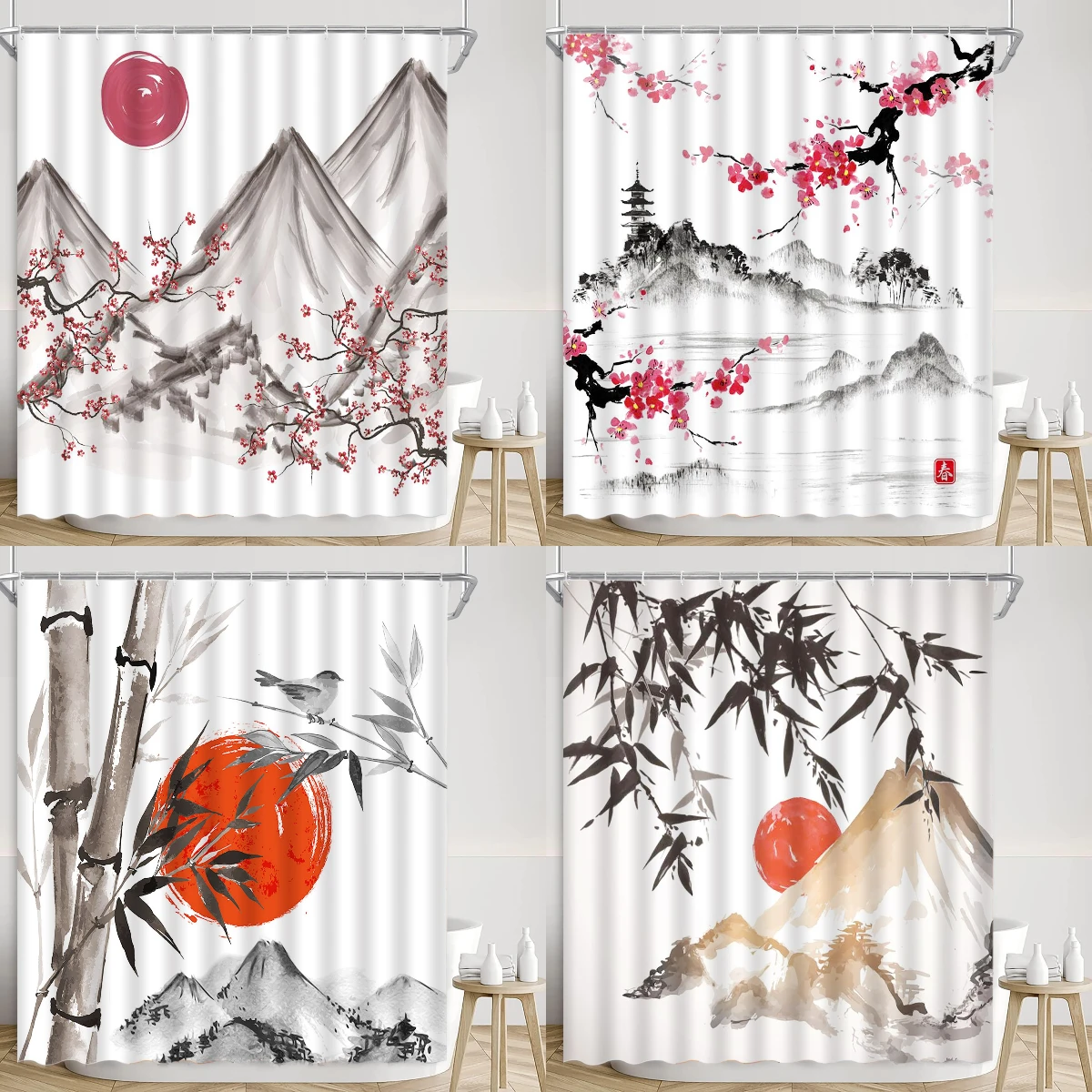 Tenda Da Doccia Giapponese, Supporto Per Pittura A Inchiostro Tradizionale Fuji Red Sun Cherry Blossom Bamboo Boatman Plum Blossom Bagno Decor