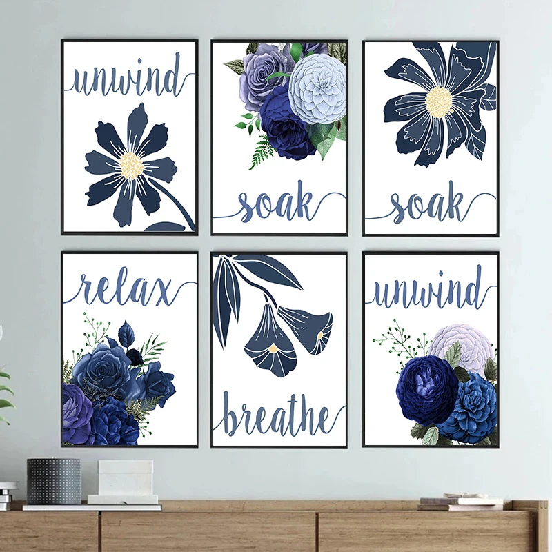 Relax Soak Rilassati Respira Navy Blue Tone Flowers Farfalle Poster Canvas Painting Stampe Wall Art Picture For Room Home Decor