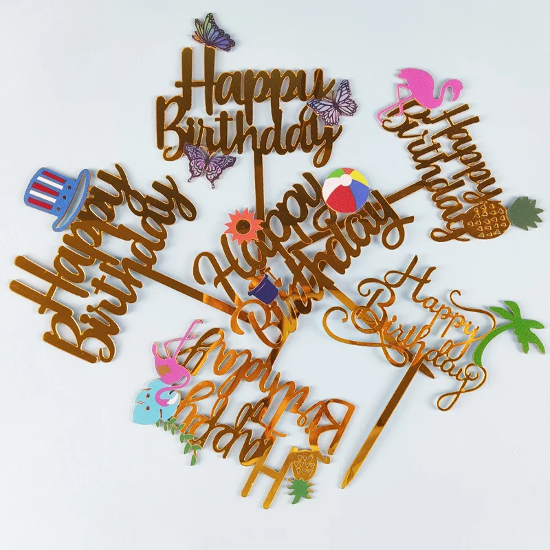 Ins Cartoon Happy Birthday Cake Topper Gold Acrilico Flamingo Kids Birthday Cake Topper Per Baby Shower Party Dessert Decoration