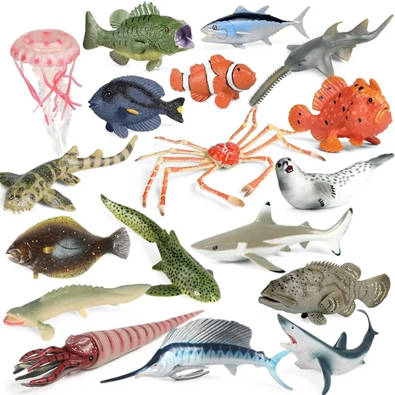 2021 Ocean Marine Meduse Shark Seal Crab Clownfish Tonno Sea Life Animals Model Action Figures Pvc Miniature Babys Shower Toys