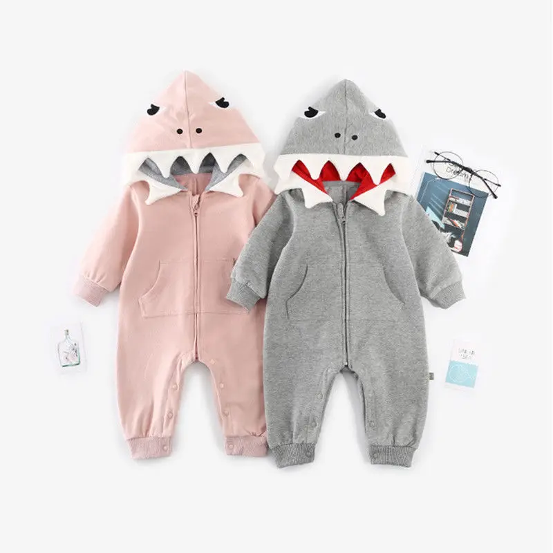 Cute Baby Boy Girl 3D Shark Pagliaccetto Tuta Invernale Con Cappuccio Costume Da Tutina Vestiti Per Bambini