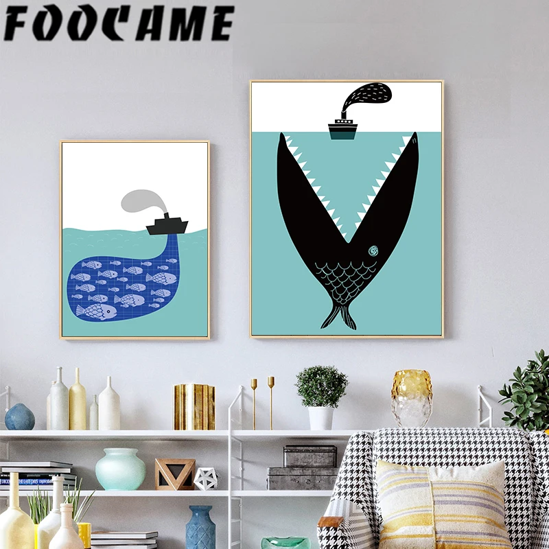 Cartoon Sea Shark Whale Ship Stile Nordico Decorazione Per Bambini Wall Art Canvas Painting Poster E Stampe Baby Nursery Room Pictures