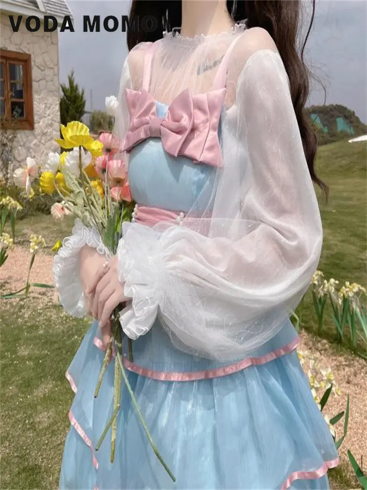 New Summer Lantern Sleeves Shiny Chiffon Fairy Skin-Friendly Versatile Lolita Underwear Fashion Design Estetica Advanced Sense