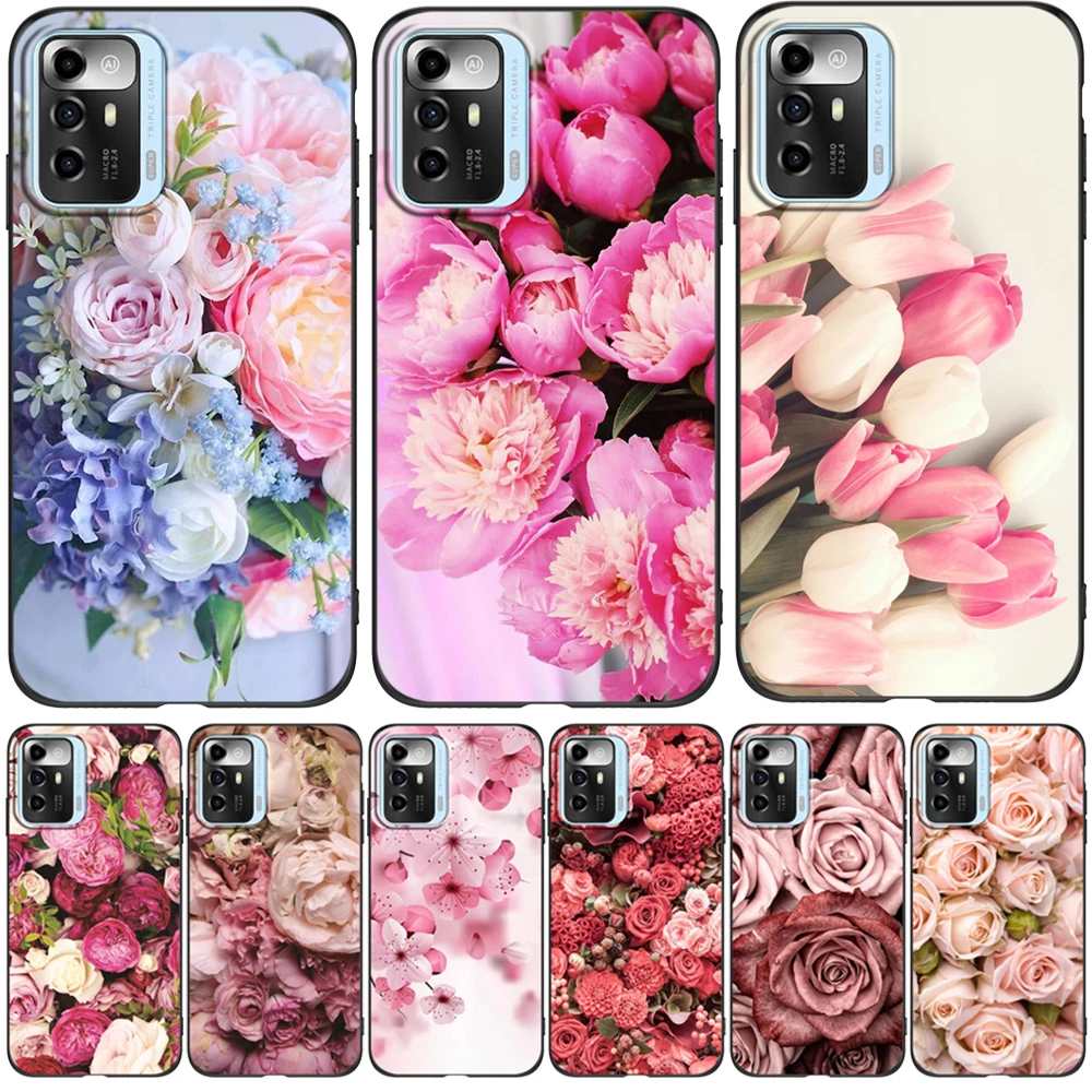 Custodia Per Zte Blade A72 5G Cover Posteriore Per Telefono Protettiva Morbida Silicone Nero Tpu Flower Rose Peony